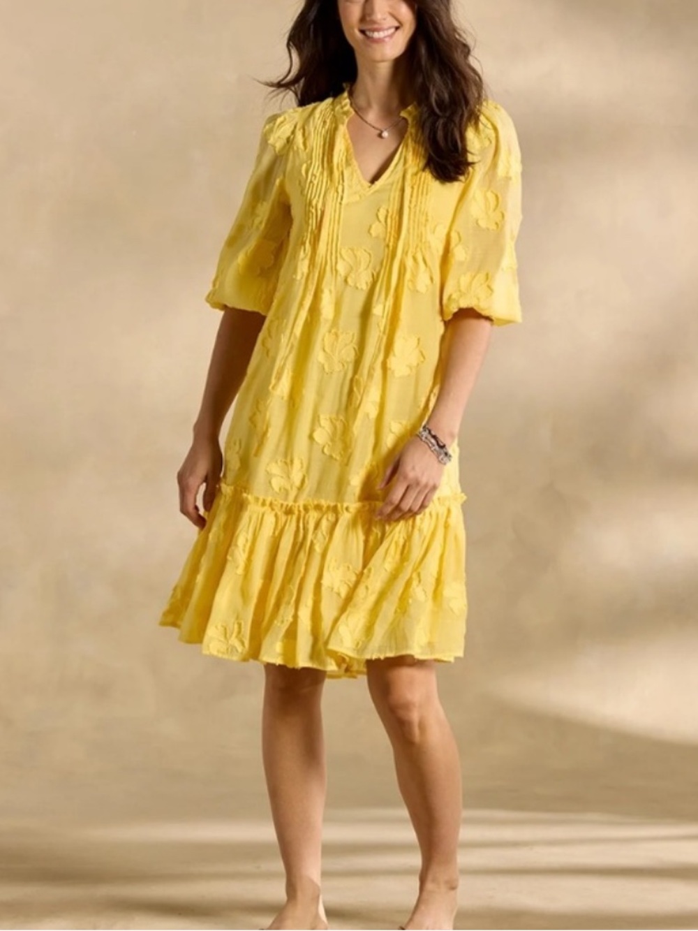 Sundance Fanciful Floral Yellow Ruffle Dress Fil Coupe Jacquard Size XL Flowy